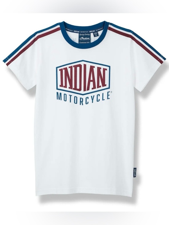Indian Motorcycle Tops - Indian Motorcycle Women’s White Logo Tee with Blue & Maroon Striped Accents